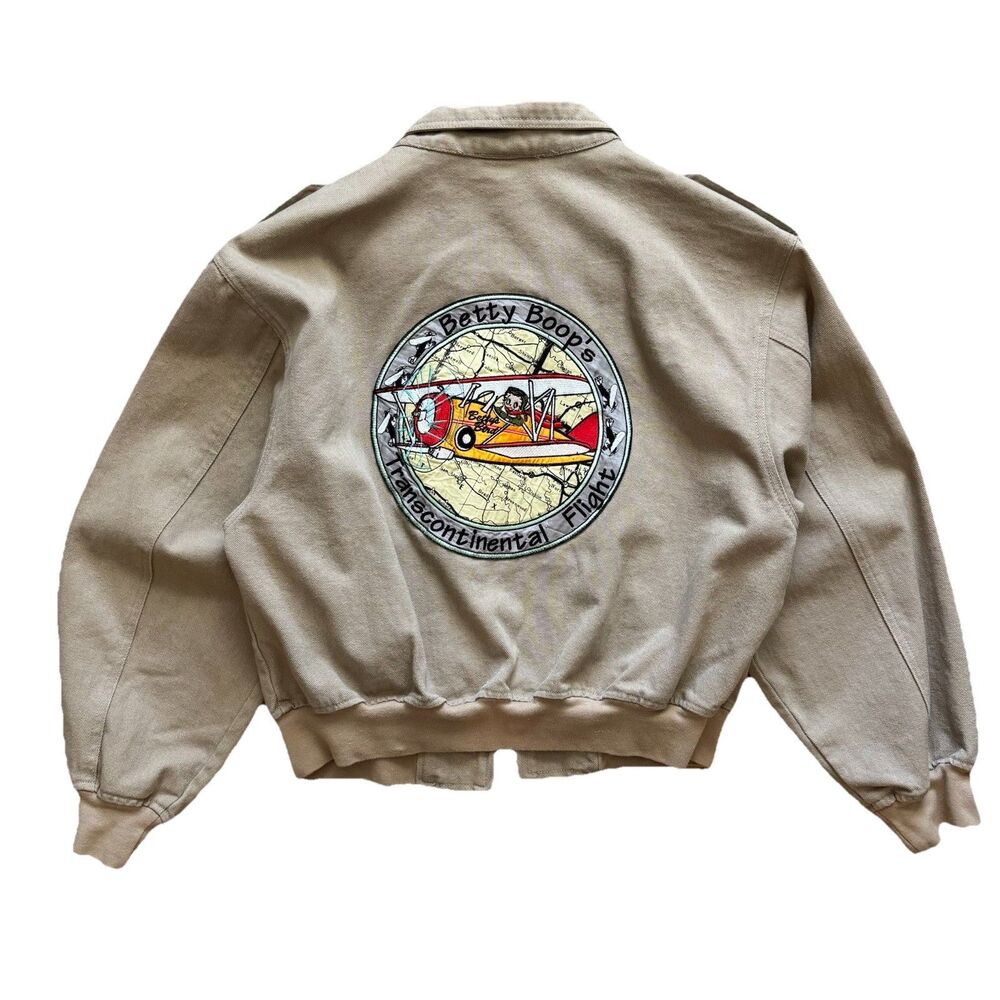 Vintage 90s Betty Boop Transcontinental Flight Jacket XL Tan Patch Full Zip 1996